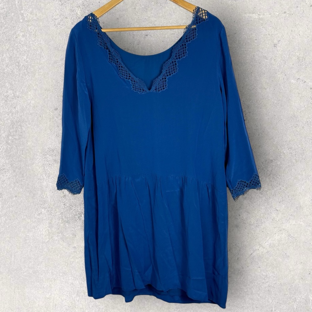 Sezane 100% Silk Cassy Dress Blue Size 40 French US 8 Lace Minimalist Shift NWT - Picture 4 of 16